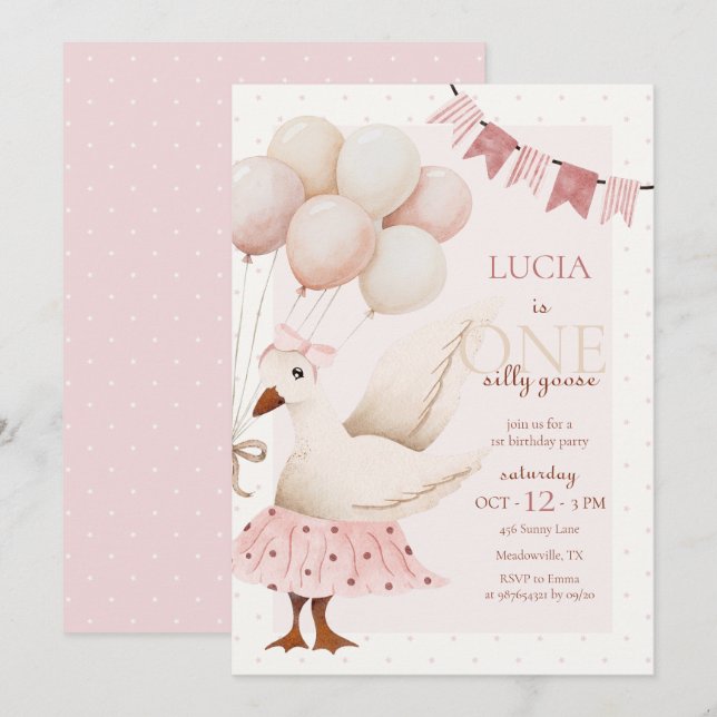 Invitation Un Silencieux Goose Pink Pastel 1er Anniversaire (Devant / Derrière)