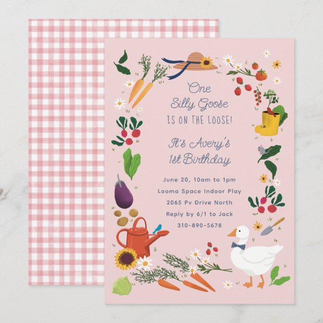 Invitation Un Silly Goose Pink Farmer Jardin Thème Anniversai (Devant / Derrière)