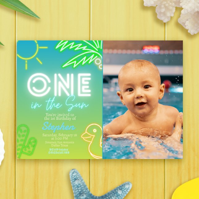 Invitation Un sous le soleil - Fête au bord de la piscine (One in the Sun - Pool Party Landscape Invitation with Photo Picture)