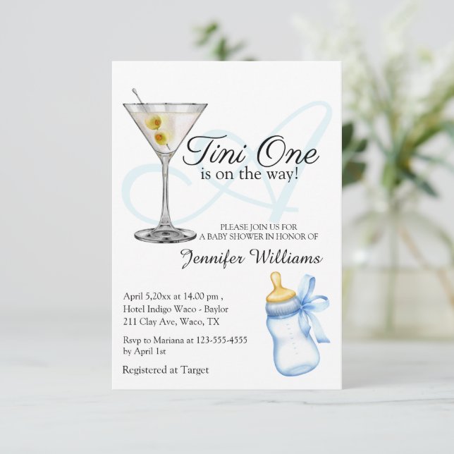 Invitation un tini one est en route, martini chic baby shower (Debout devant)