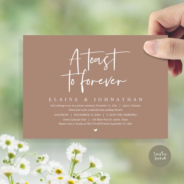 Invitation Un toast à l'éternité, Mariage Elopement Brunch Pa (A Toast To Forever, Wedding Elopement Brunch Party Invitation Card, PDF, in Warm Taupe)