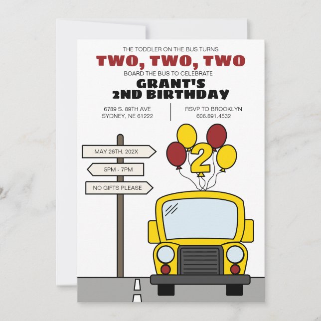 Invitation Un tout-petit dans le bus fête son deuxième annive (Devant)