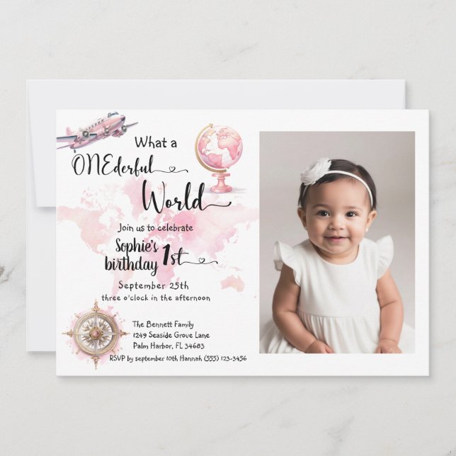 Invitation UN voyage rose du monde entier 1er anniversaire ph (Devant)