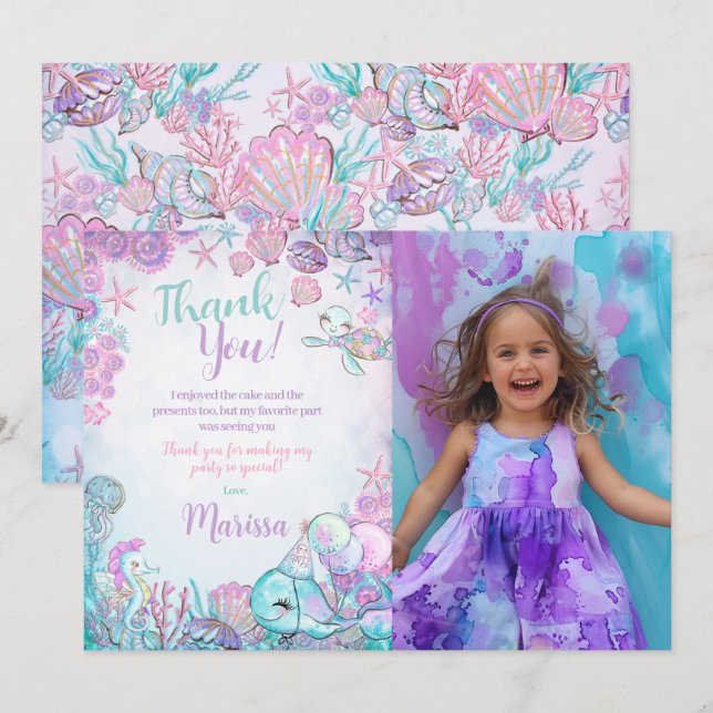 Invitation Under the Sea Animals Thank You Cards with Photo (Devant / Derrière)