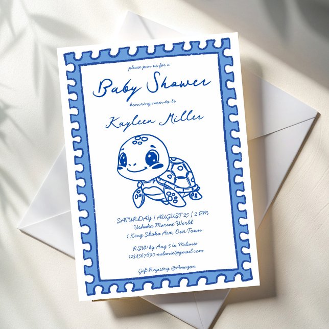 Invitation Under the sea blue cute turtle baby shower (Under the sea turtle blue cute hand drawn post stamp turtle baby shower invitation cards template )