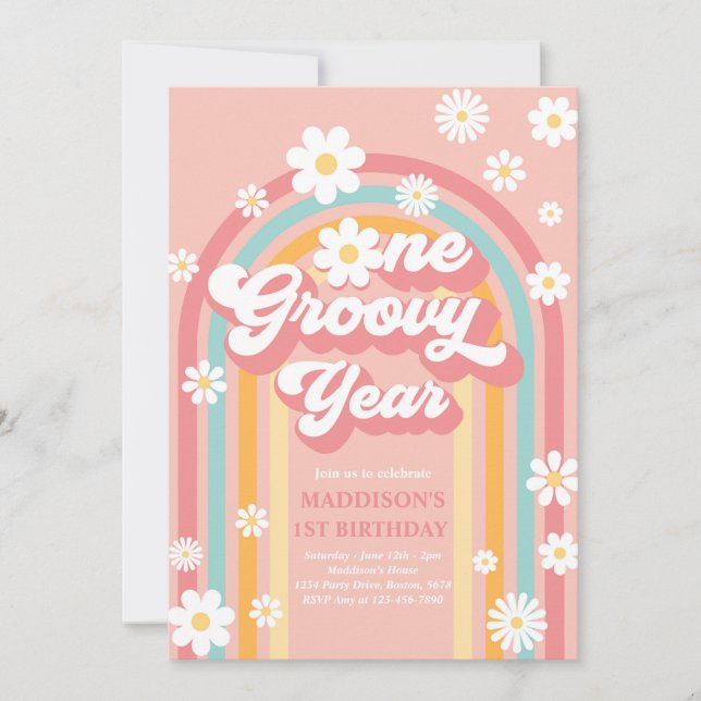 Invitation Une année Super Boho Daisy Rainbow 1er anniversair (Devant)