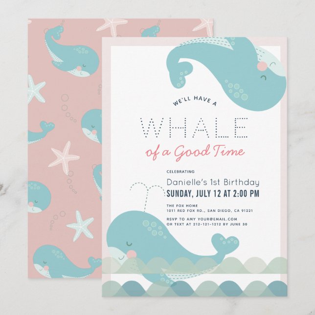 Invitation Une baleine d'un bon temps fille rose 1er annivers (Devant / Derrière)