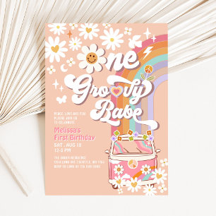 Invitation Une Bébé Groovy Daisy Rainbow 1er Anniversaire