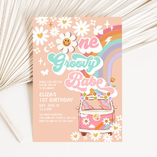 Invitation UNE Bébé Groovy Rose Fleur Marguerite Arc-en-ciel 