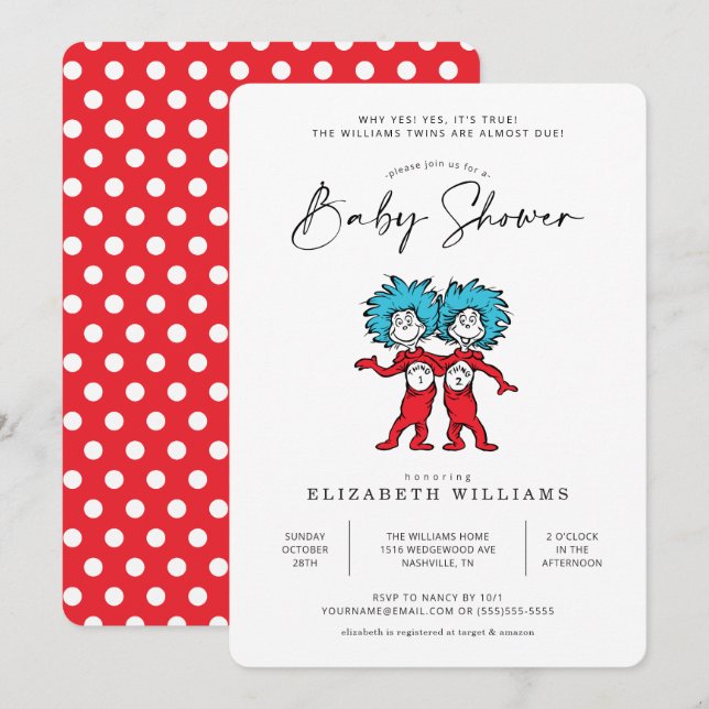 Invitation Une chose deux | Baby shower Red Twins (Devant / Derrière)