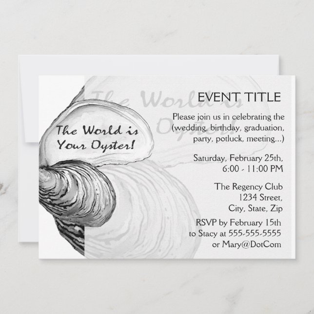 Invitation Une coquille d'huîtres avec le dicton "le monde es (Devant)