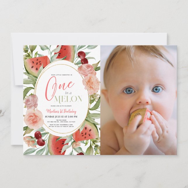 Invitation Une dans un Melon Floral Girl 1er Anniversaire Pho (Devant)