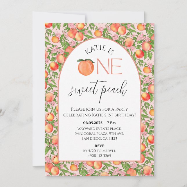 Invitation Une douce Pêche Première fête d'anniversaire (Devant)
