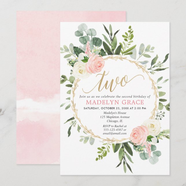 Invitation Une élégante fille rose verdoyante de 2e anniversa (Devant / Derrière)