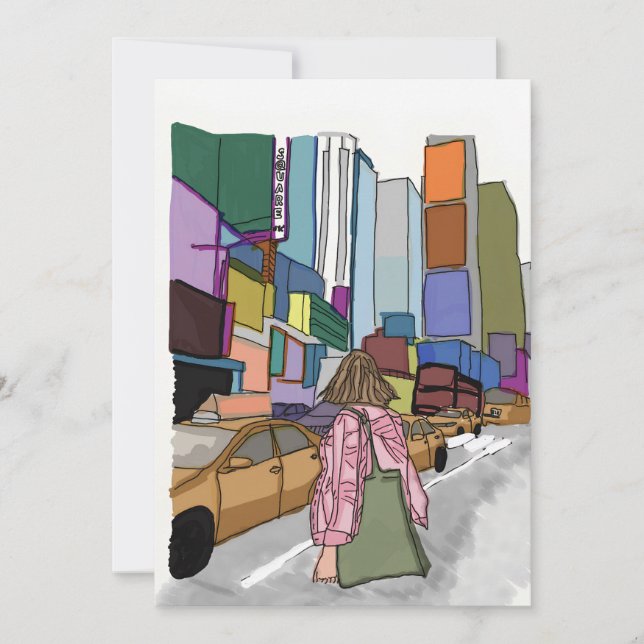 Invitation Une femme marche dans une rue animée bordée de la  (Devant)