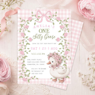 Invitation Une fête d'anniversaire rose à carreaux d'une oie 