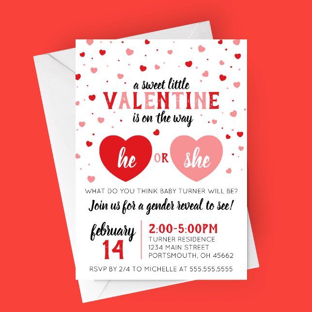 Invitation Une fête de la Saint Valentin pour la révélation d (Valentine On The Way Valentine's Day Gender Reveal Party Invitation with Red and Pink Hearts)
