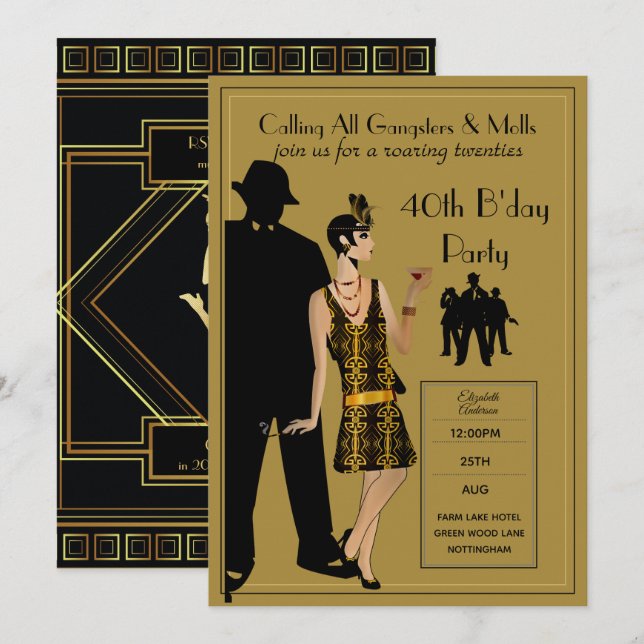 Invitation Une fête des Années folles, Gangster Flapper Déco (Devant / Derrière)