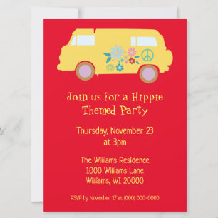 Invitation Une fête hippie rouge et jaune
