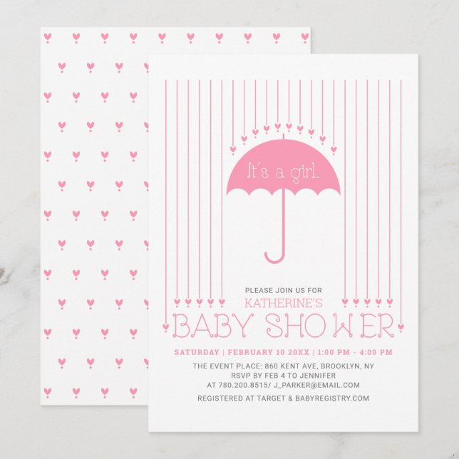 Invitation Une fille. | Coeurs mignons et Baby shower paraplu (Devant / Derrière)