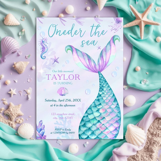 Invitation Une fille de 1er anniversaire de la Sirène de Mer (Onerder the Sea - mermaid, under the sea 1s birthday invitation, foam green, lavender, blue)