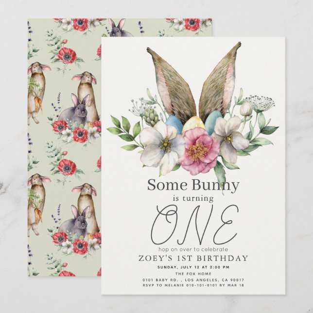 Invitation Une fille florale de lapin 1er anniversaire (Devant / Derrière)