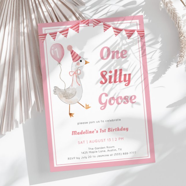 Invitation Une fille rose d'oie sotte 1er anniversaire Invita (Créateur téléchargé)