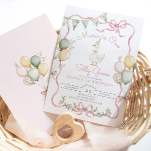 Invitation Une fille rose d'une oie sotte 1er anniversaire