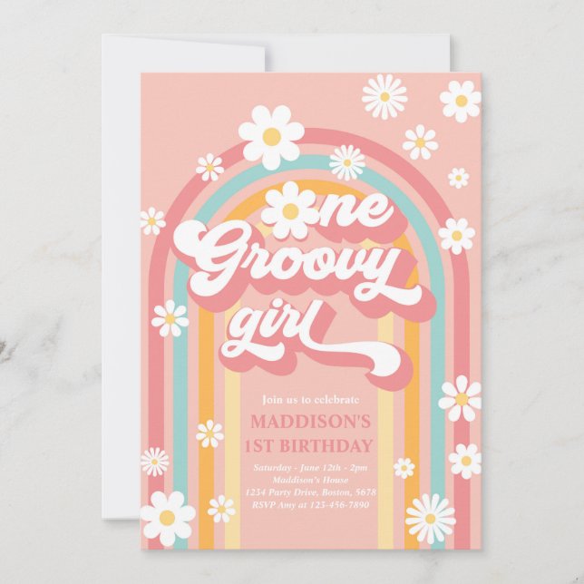 Invitation Une fille Super Boho Daisy Rainbow 1er anniversair (Devant)