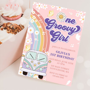 Invitation Une fille Super Retro Arc-en-ciel 1er anniversaire