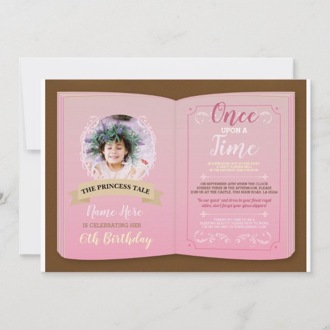 Invitation Une Fois Photo Anniversaire Livre D'Histoire Rose (Devant)