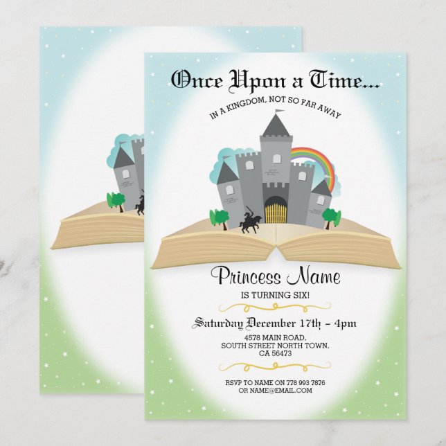 Invitation Une fois sur une histoire livre Princesse Annivers (Devant / Derrière)