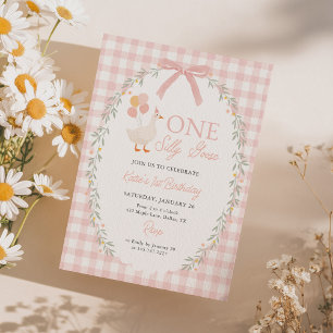 Invitation Une joyeuse oie rose à carreaux pour une 1ère anné