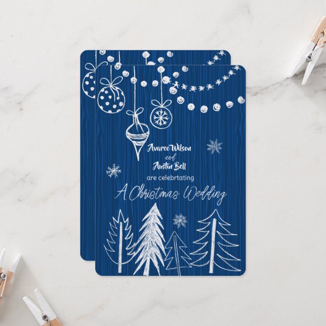 Invitation Une Marque Blanche Mariage De Noël Sur Bleu (Devant/Arrière en situation)
