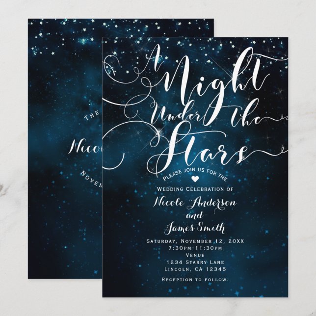 Invitation UNE NUIT SOUS LES ÉTOILES Starry Blue Skies Mariag (Devant / Derrière)