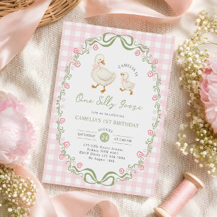 Invitation Une Oie Idiote 1er Anniversaire Ruban Rose Floral