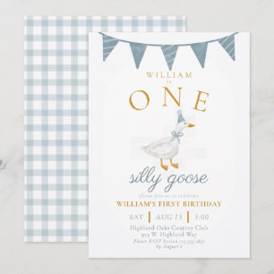 Invitation UNE Oie Ridicule Bleue Gingham Garçon Premier Anni