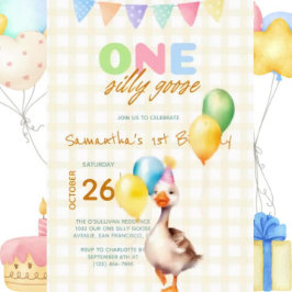 Invitation Une oie sotte 1er anniversaire Jaune Plaid