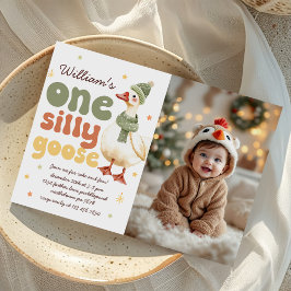 Invitation Une oie sotte Noël Vert 1er anniversaire Photo