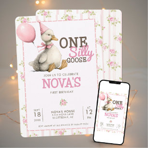 Invitation Une oie sotte personnalisée rose 1er anniversaire