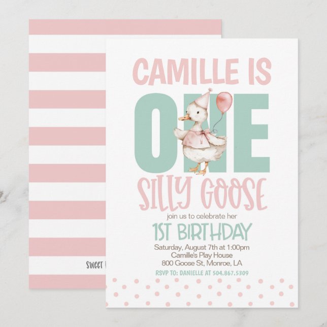 Invitation Une oie sotte premier anniversaire (Devant / Derrière)