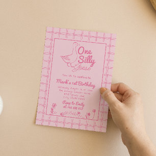 Invitation Une oie sotte rose dessinée fille 1er premier anni