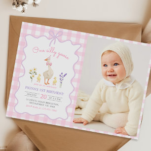 Invitation Une oie sotte rose En vichy 1er anniversaire Photo