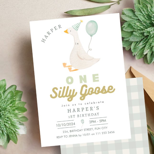 Invitation Une oie stupide Genre Neutre 1er Anniversaire (One Silly Goose Gender Neutral 1st Birthday Invitation)