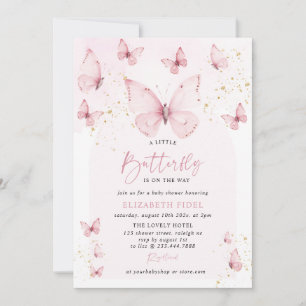Invitation Une petite Baby Shower papillon rose or
