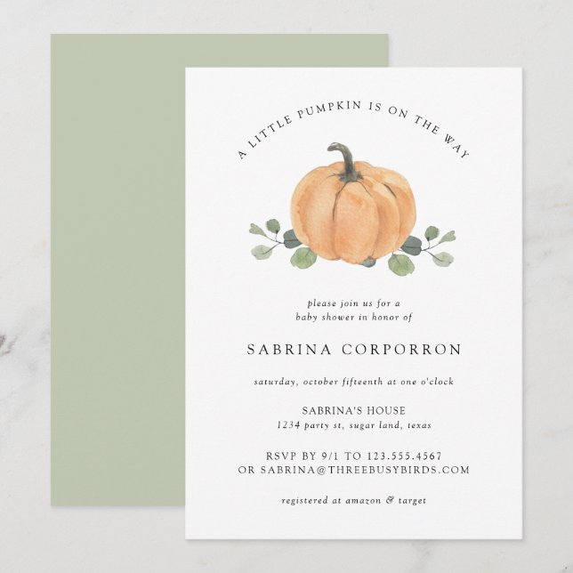 Invitation Une petite citrouille est en route - Aquarelle d'a (Devant / Derrière)