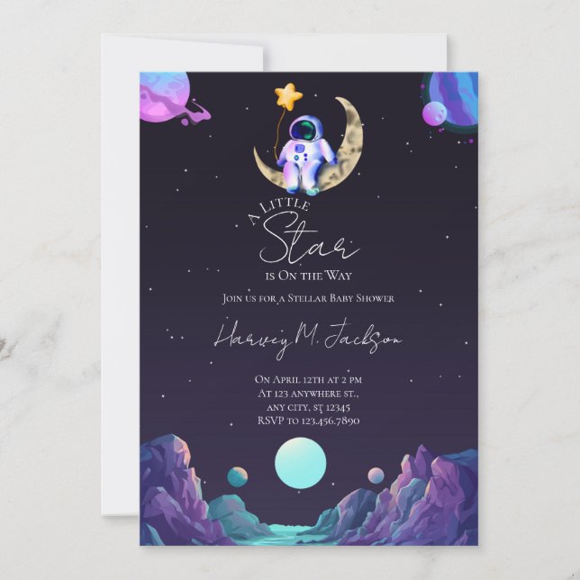 Invitation Une petite étoile | Espace | Baby shower Lune (Devant)