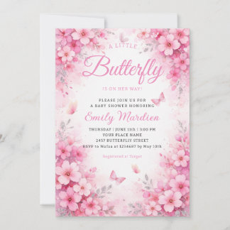 Invitation Une petite Fête de Bébé Fille Florale Papillon Ros