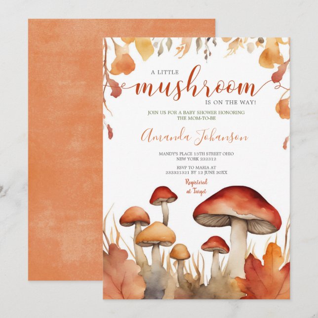 Invitation Une petite fête de champignon floral automnal Baby (Devant / Derrière)