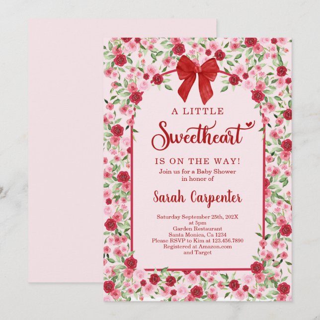Invitation Une petite fille Baby shower de la cou rouge amour (Devant / Derrière)